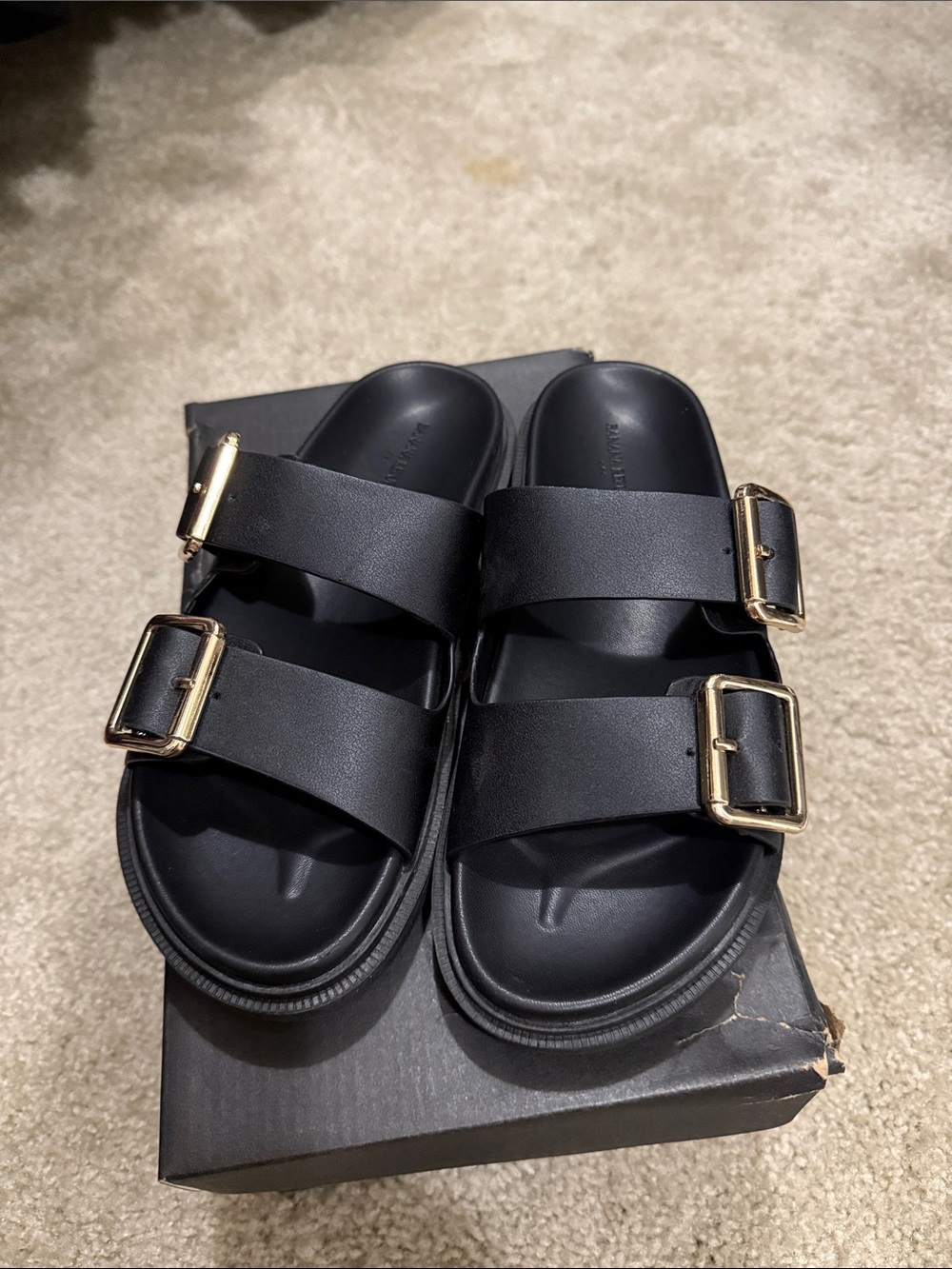 Banana Republic Black Double-Buckle Slide Sandals with Gold Buckles